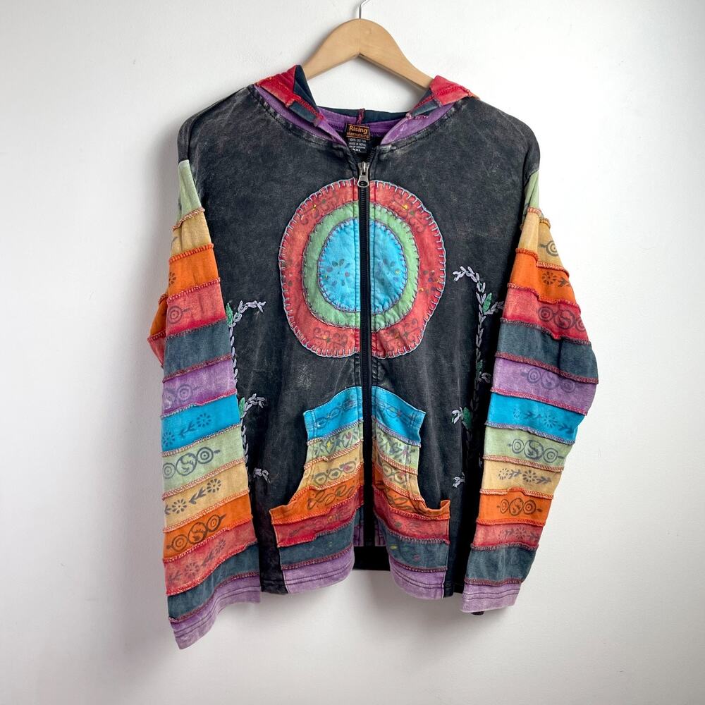 Vintage Y2K Patchwork Hoodie Full Zip Nepal Embroidered Fairy Hippie Rainbow